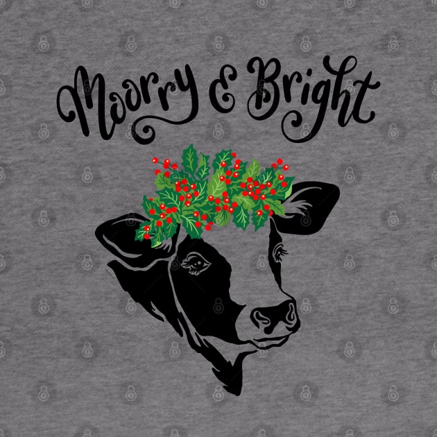 Christmas Cow Moorry & Bright Hand Drawn Cow with Holly Crown by DoubleBrush